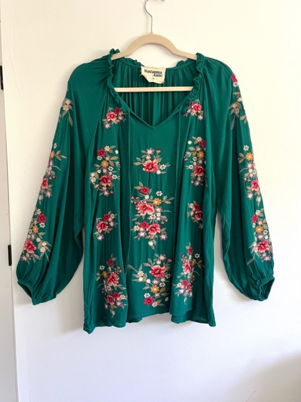 Savanna Jane Teal Embroidered Floral Boho Long Sleeve Flowy Blouse Top Plus Size